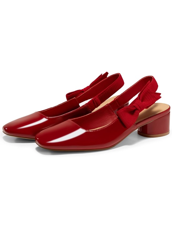 Coutgo Shoes - Coutgo Red Slingback Block Heel Pumps with Bow